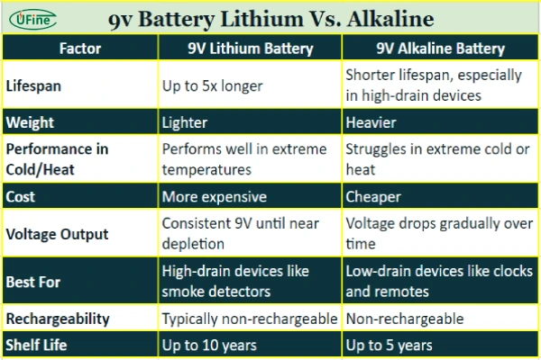 9v battery lithium vs alkaline chart