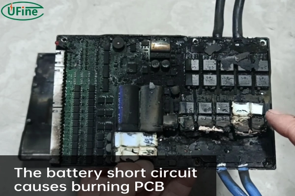 the battery short circuit causes burning pcb